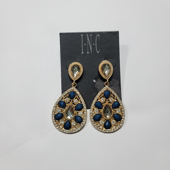 INC Gold Navy Blue Tear Drop Earrings Large - Picture 2 of 5